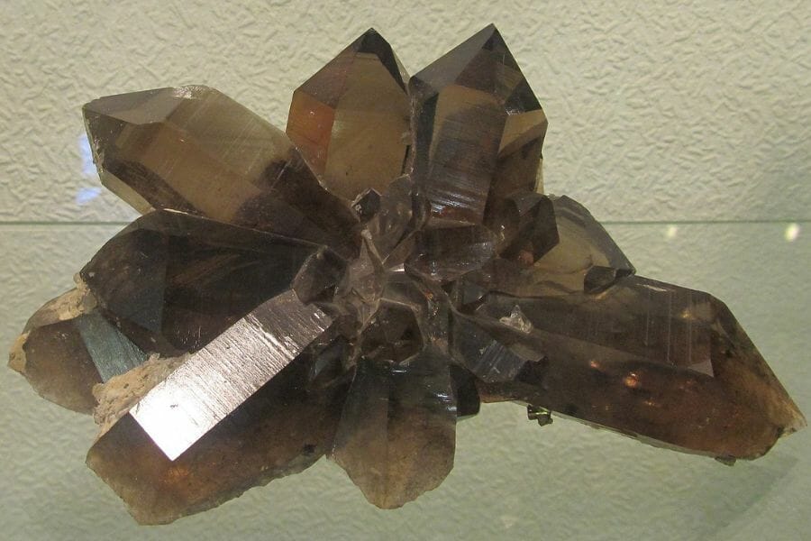 Crystals of pointy, brown Smoky Quartz on a clear surface