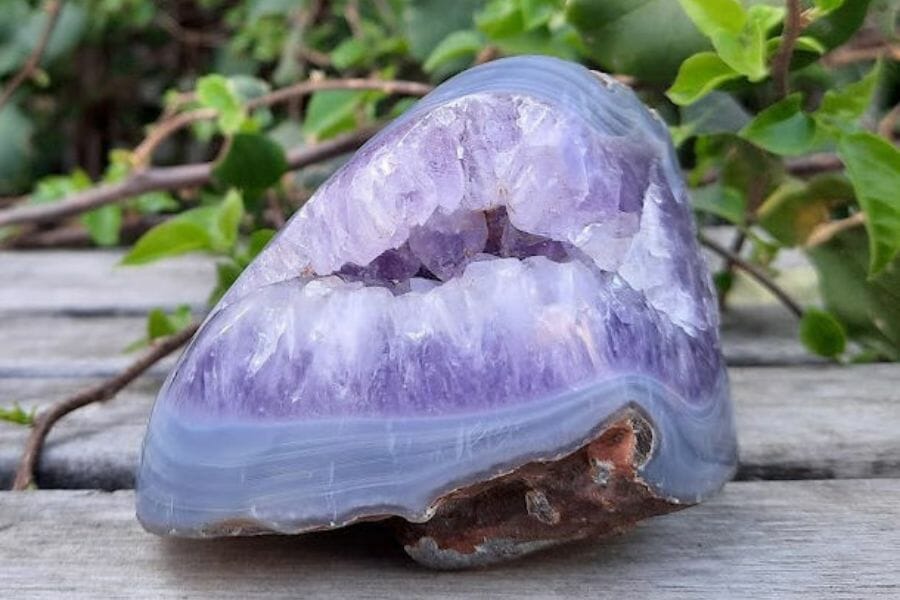 An elegant agate geode with purple and blue hues