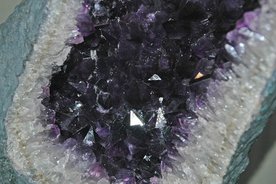A close up look at the Amethyst crystals of a geode