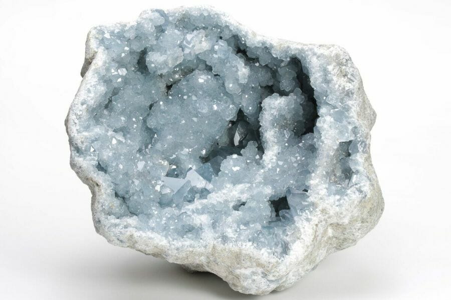 An elegant celestite geode with blue bubble-like crystals
