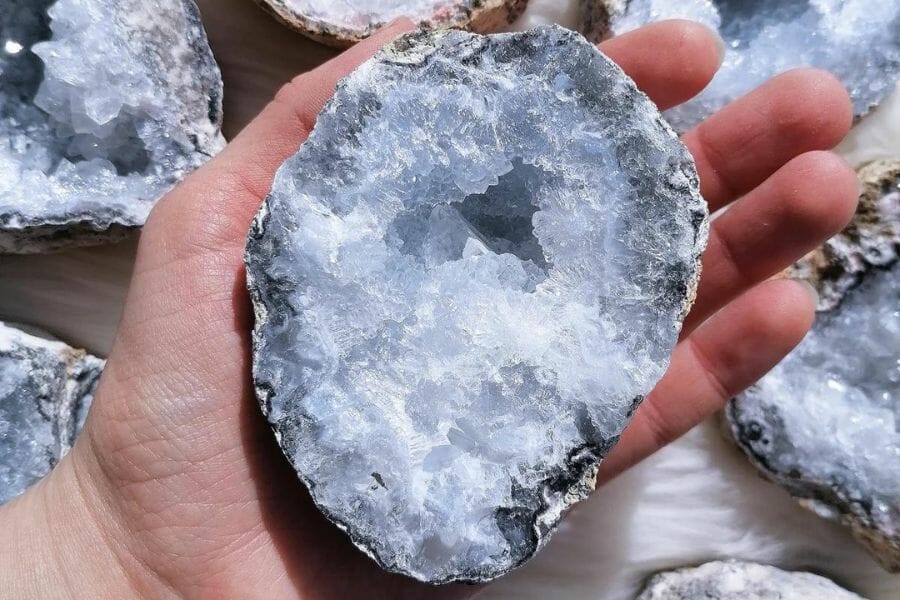 an exquisite chalcedony geode with a light blue hue