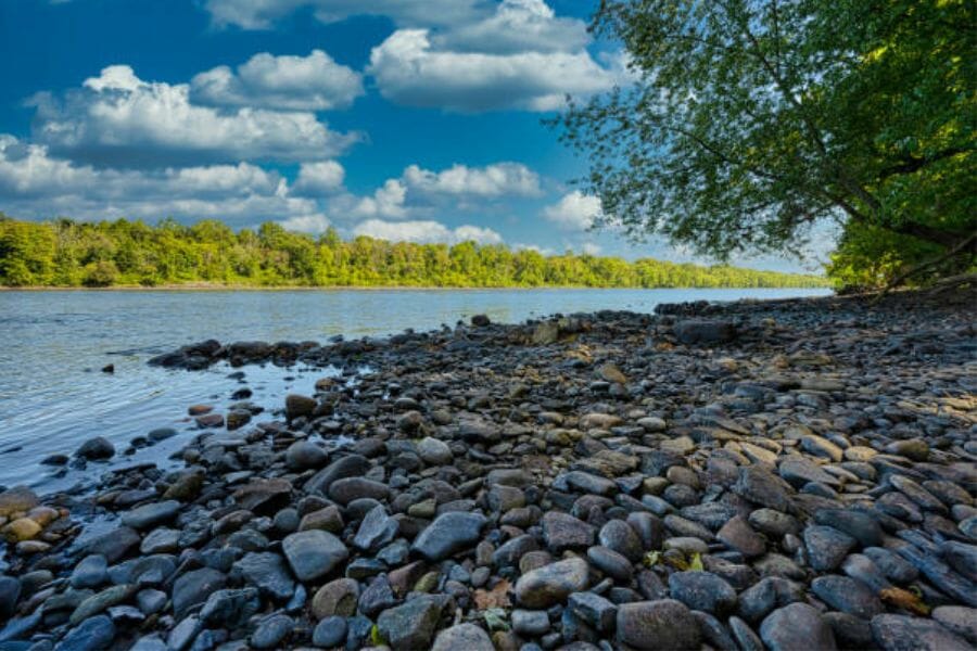 Rocky river bank in Delaware County where you can search for geodes
