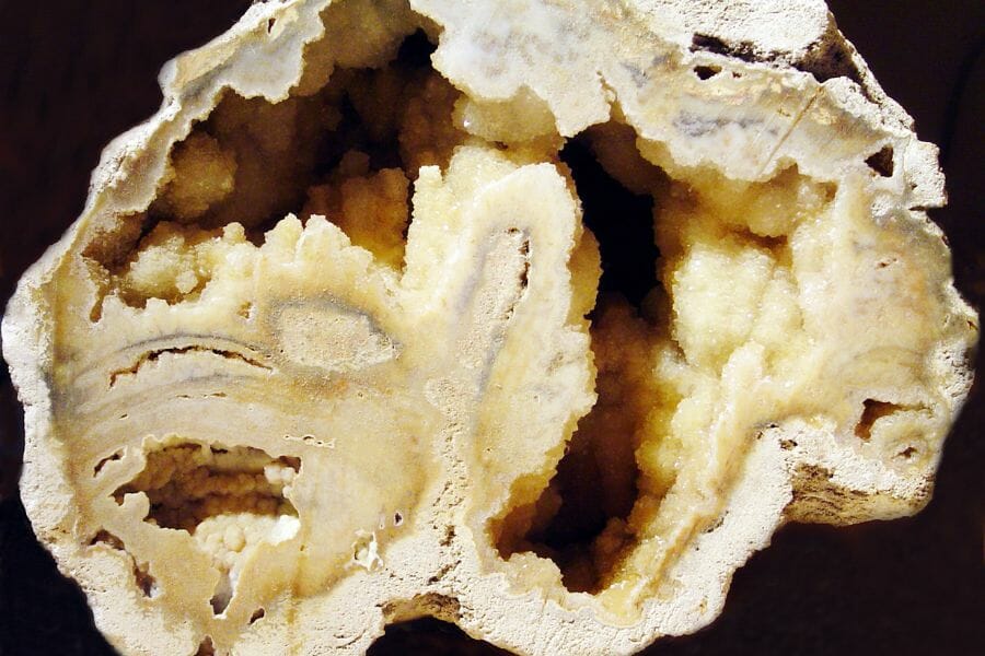 A calcite geode cut open