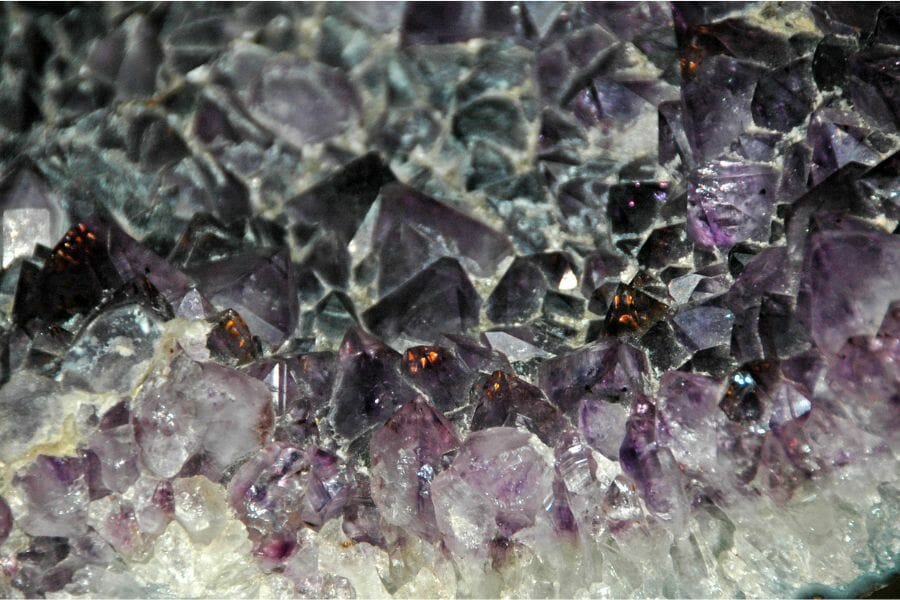 A close up look at the crystals of an Amethyst geode