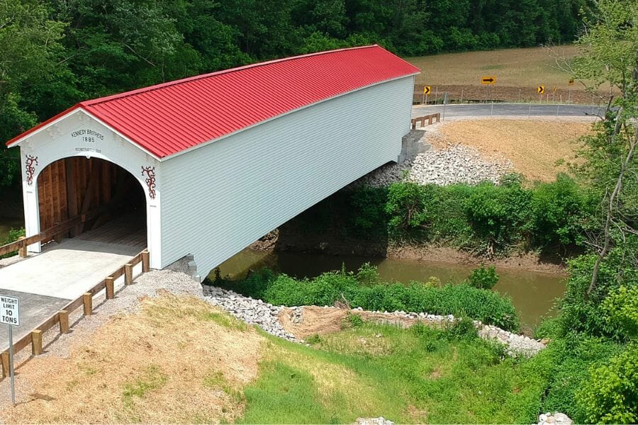 A bird's eyeview of the Beanblossom Creek with a covered bridge over it