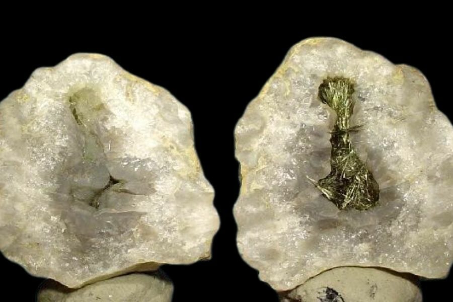 Both sides of a Millerite and Quartz geode that was cracked open