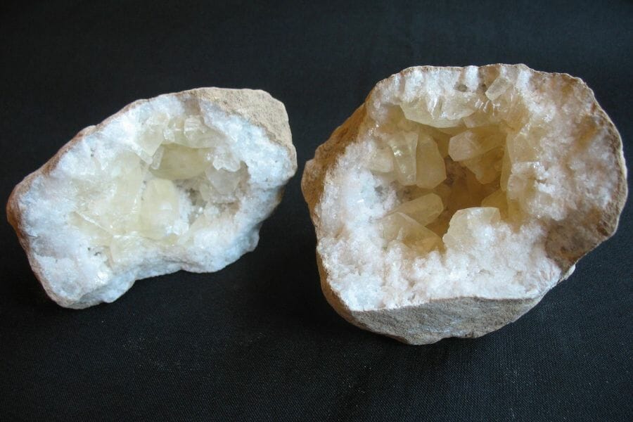 Both sides of a cracked open Calcite geode