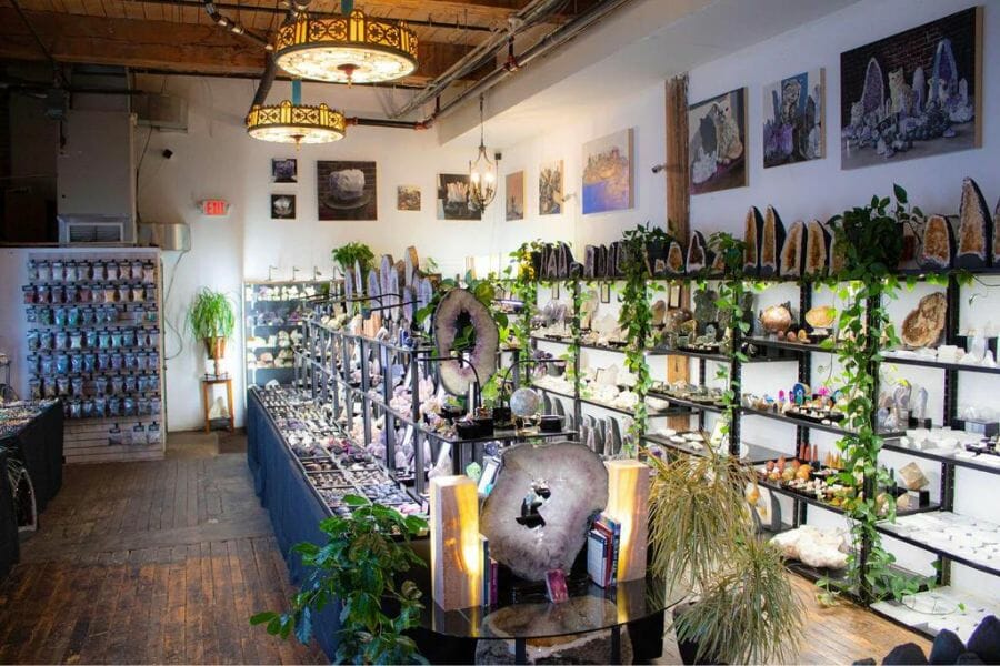 The interiors of a geode shop in Massachusetts showing several geodes