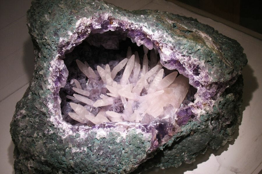 Close up look at the calcite crystals of an amethyst geode