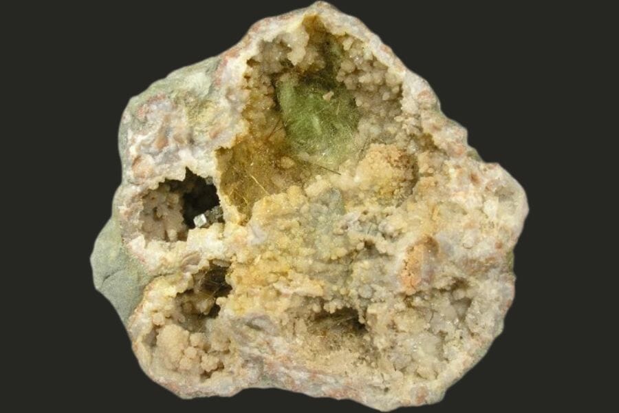 A close up look at an open honessite geode