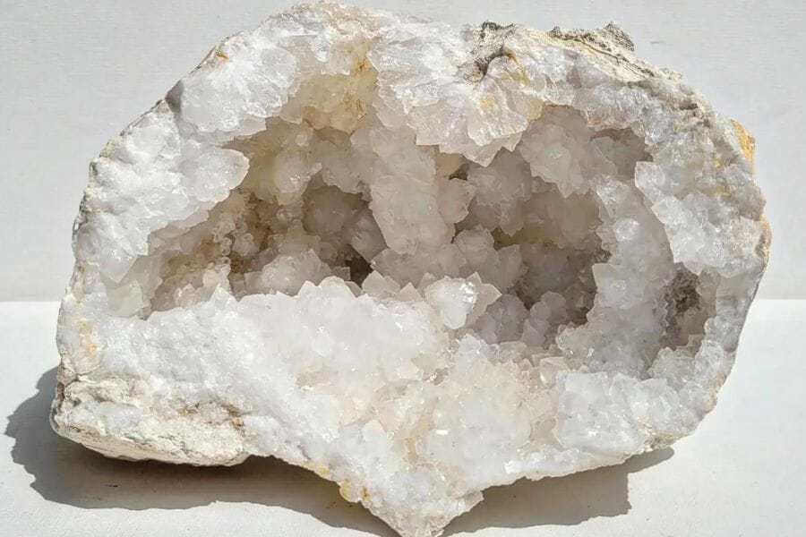 A dazzling quartzite geode with bubble-like crystals inside