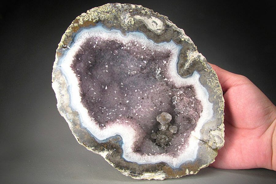 An amazing look at the amethyst crystals of a cracked open geode