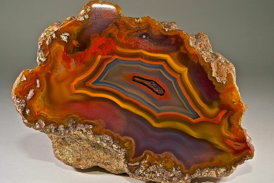 The colorful inside of a banded agate geode