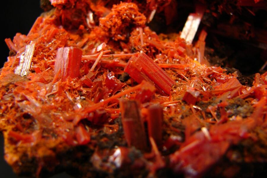 A close up look at the crystals of orange Crocoites