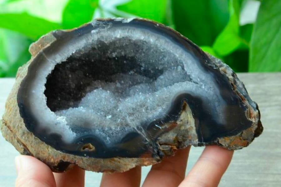 A close look at a black agate geode