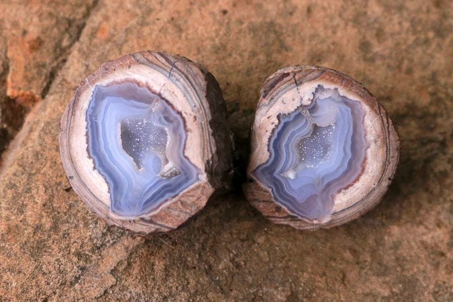 Two sides of a cracked Dugway geode