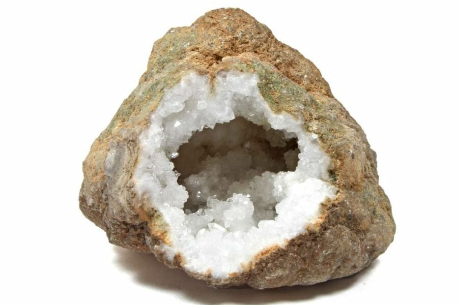 A pretty quartz geode that is not fully cracked open