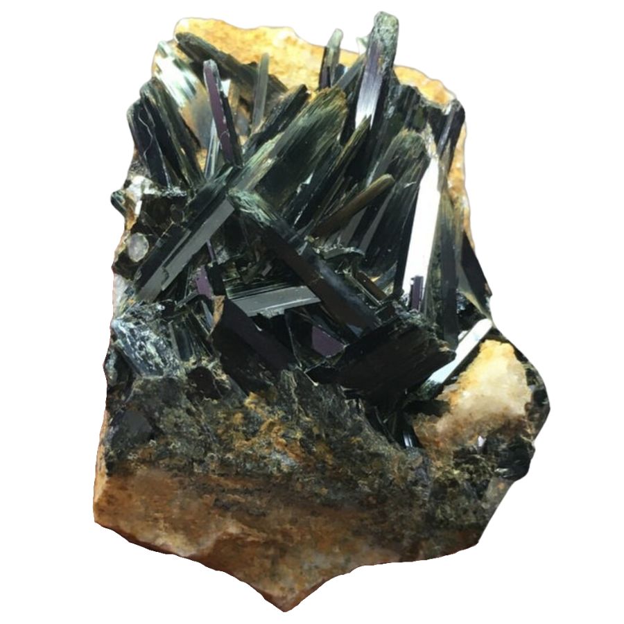 dark green actinolite crystal cluster on a rock