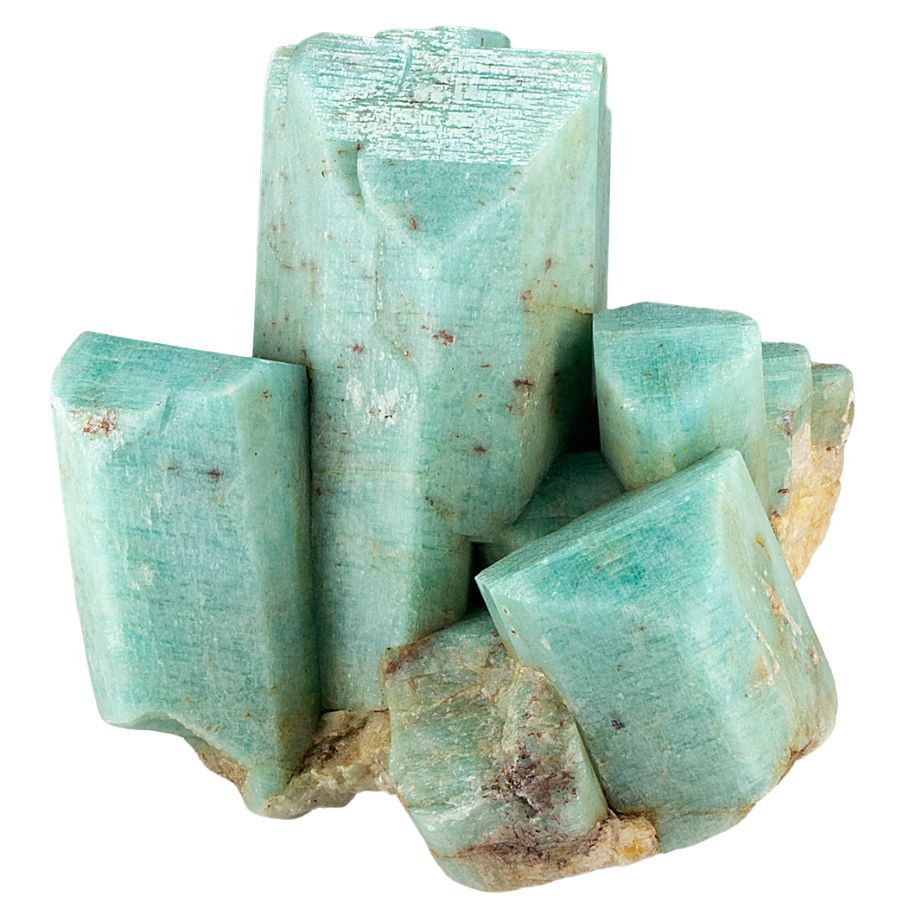 four blocky pale blue amazonite crystals