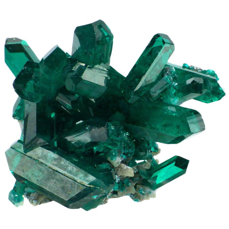 deep green translucent dioptase crystal cluster