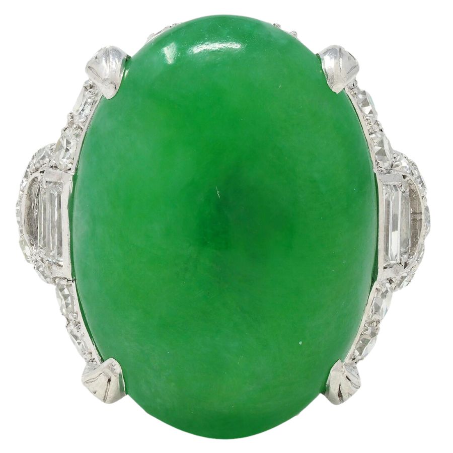 bright green oval jadeite cabochon in a silver setting