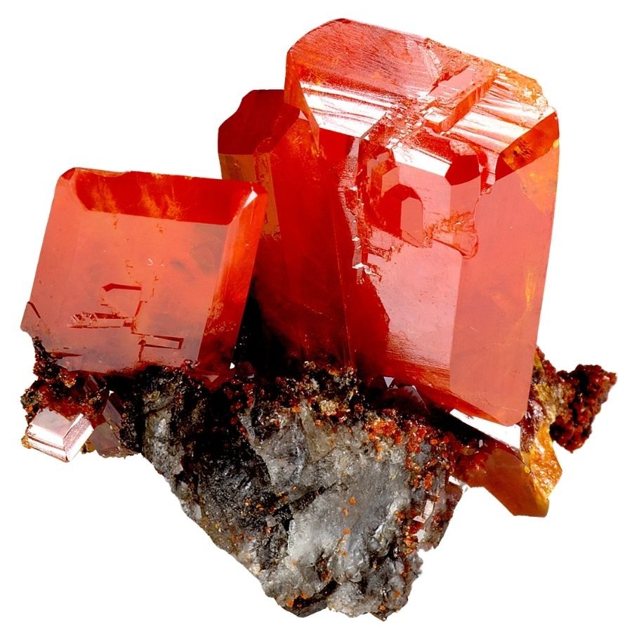 lustrous red wulfenite crystals on a rock