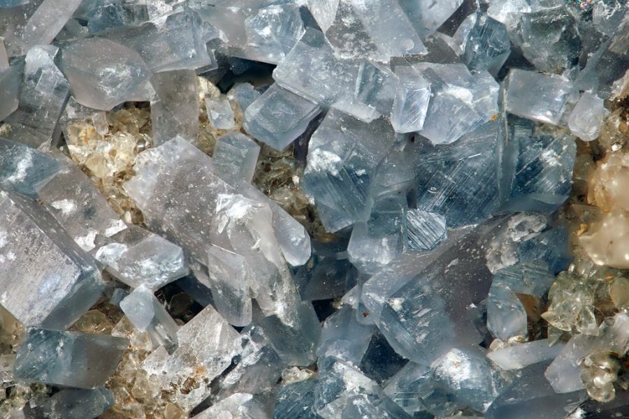 A bunch of shining bluish white Celestite crystals