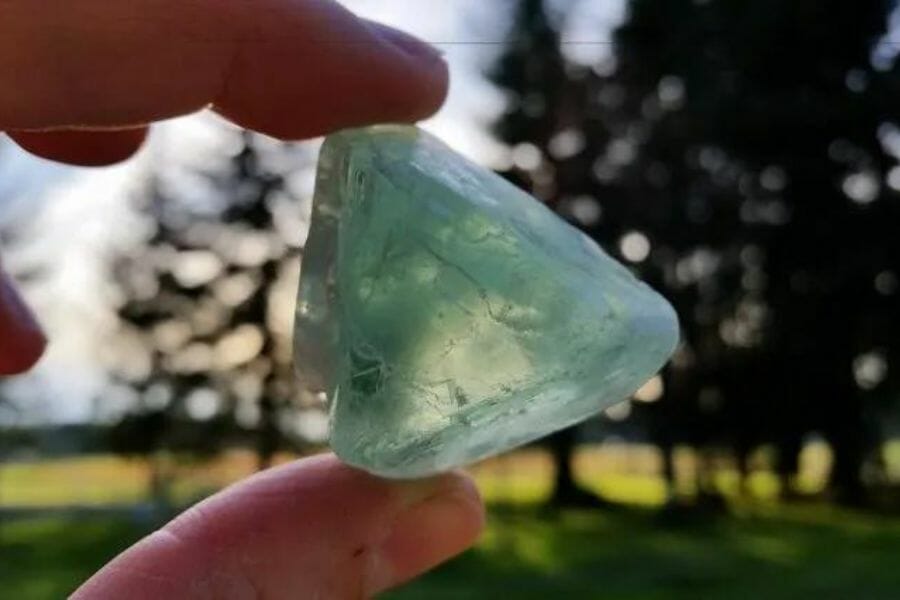 A clear triangular shaped fluorite found at the Fairview Mine