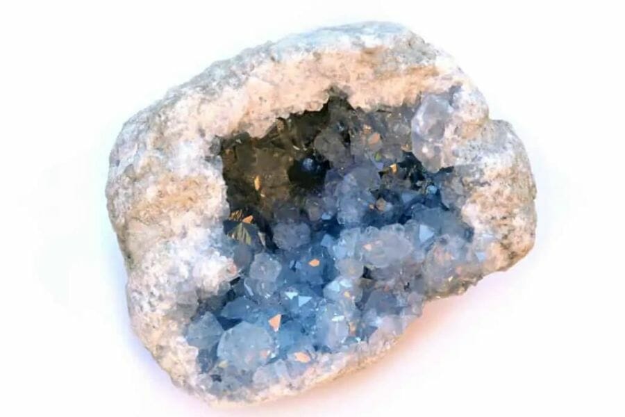 An elegant crystal geode with blue bubble-like crystals inside