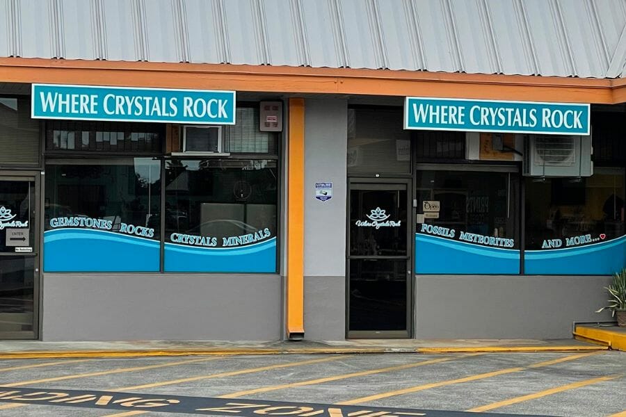 A look at the front store window of Where Crystals Rock