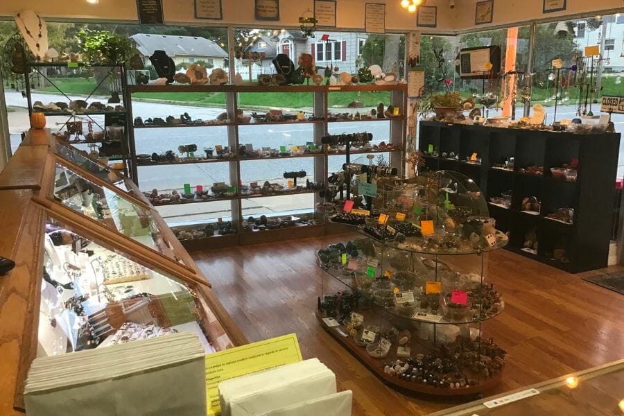 Showroom and available items at the Little Rock and Gem Shop
