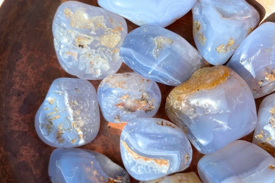 A bunch of pretty bluish-gray Chalcedony crystals