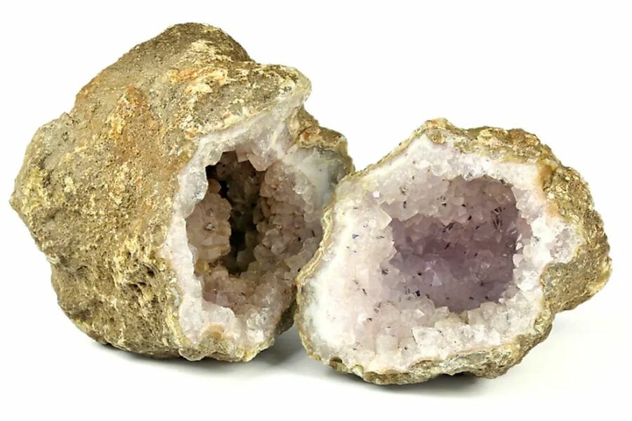 A beautiful sample of a geode that's cracked open and showing white crystals