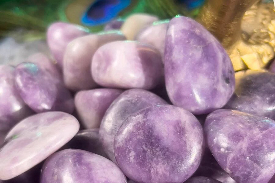 A bunch of polished, light purple Lepidolite crystals