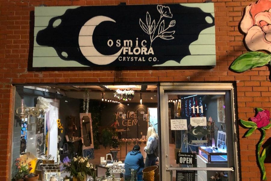 A look at the front store window and signage of Cosmic Flora Crystals