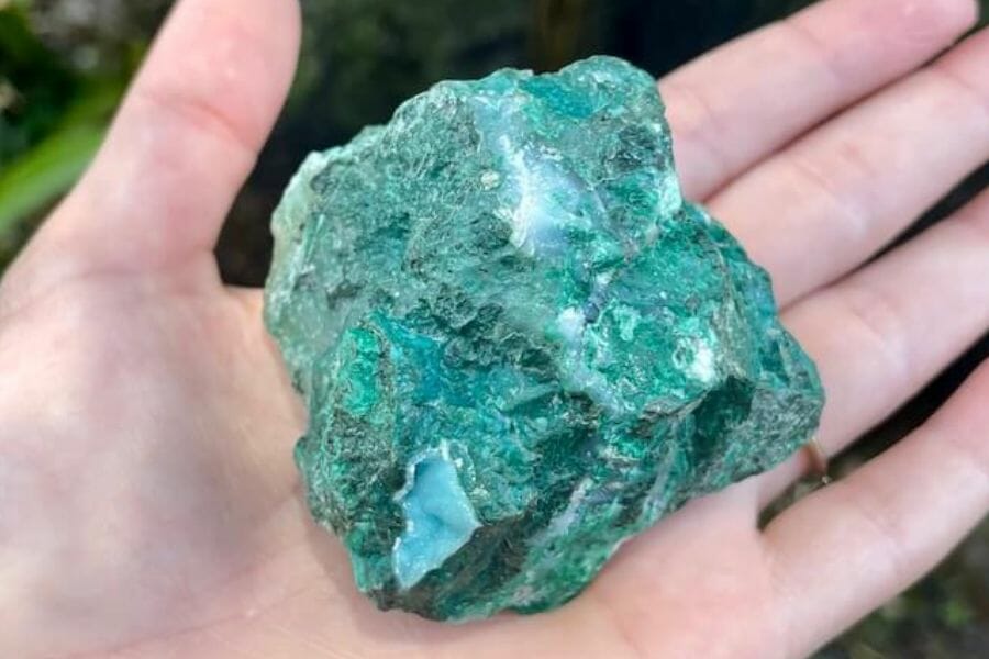 A stunning green chrysocolla on the palm of a hand