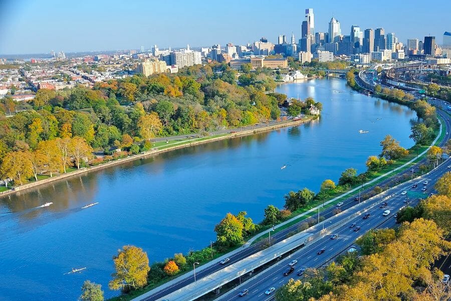 An aerial view of the Schuylkill River and its surroundings
