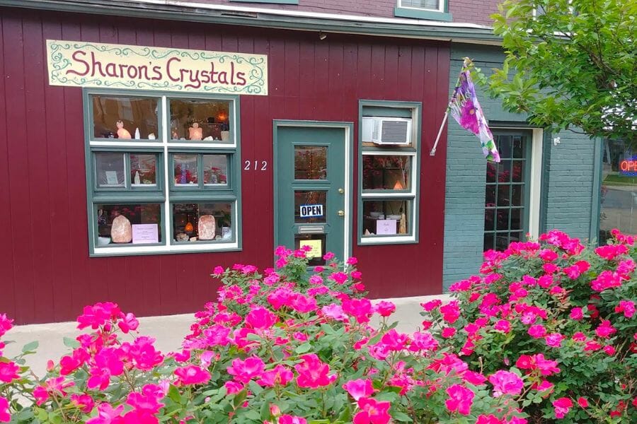 A look at the front door windows of Sharon's Crystals