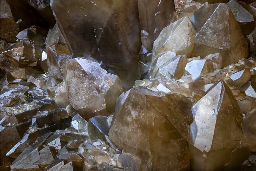 Close up look at shiny grayish Smoky Quartz crystals 