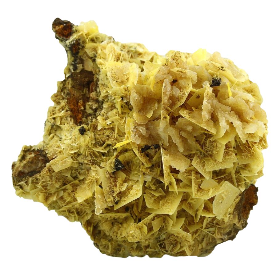 yellow wulfenite crystals on a rock