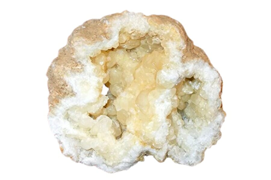 An open Calcite geode with light yellow crystals inside