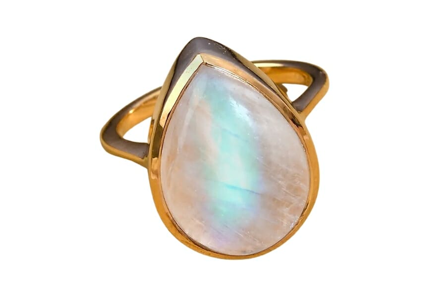 A beautiful gold ring with teardrop-shaped White Moonstone