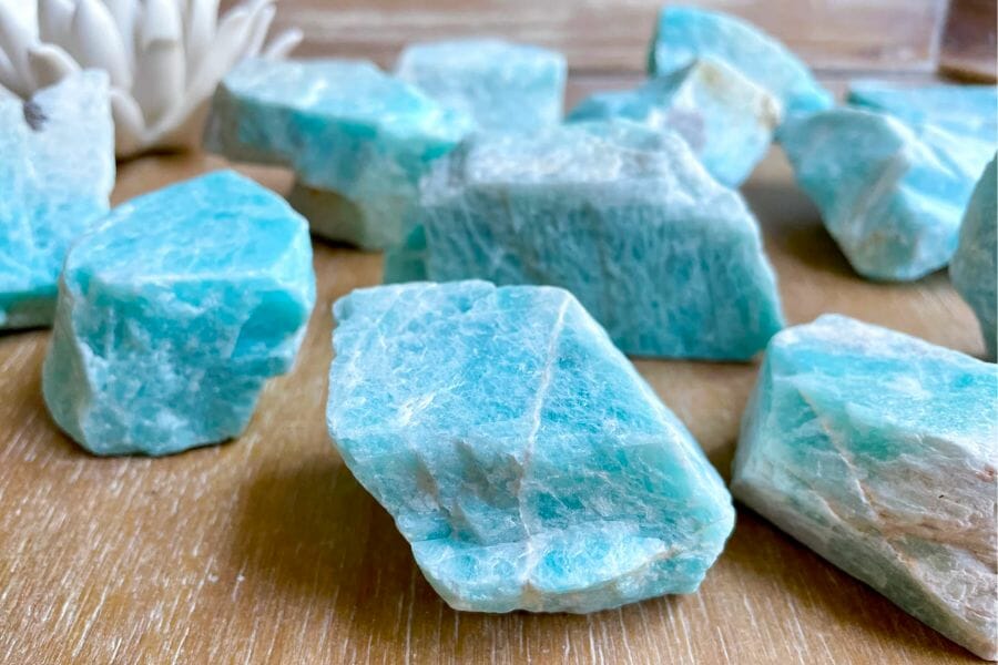 A group of unpolished, candy blue Amazonite crystals