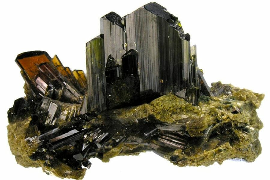 A stunning sample of moss green Epidote crystals