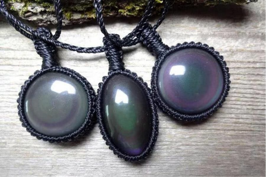 Three beautiful rainbow obsidian necklaces with rope detail