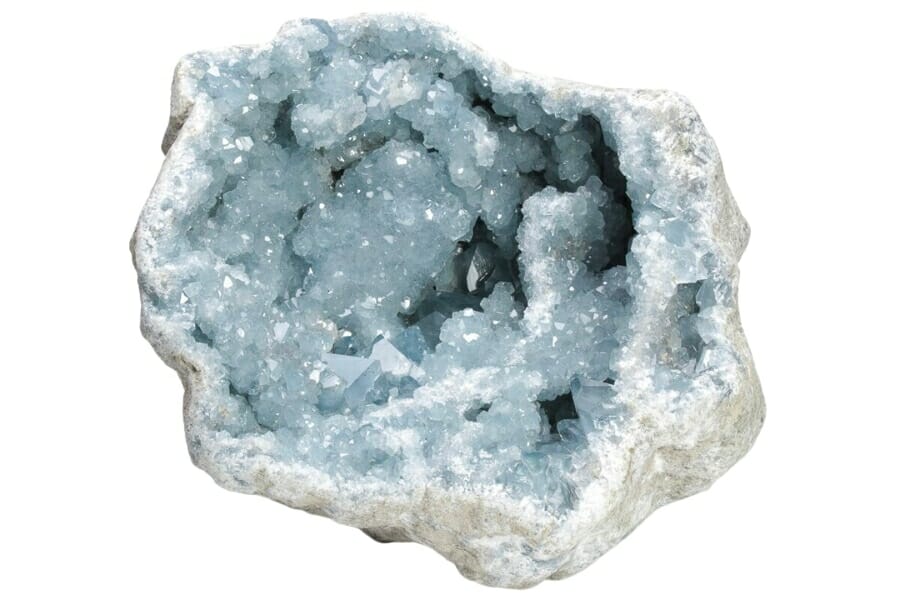 An open sedimentary Celestite Geode displaying its shiny bluish gray crystals