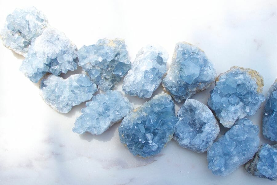 A bunch of ash blue Celestite crystals