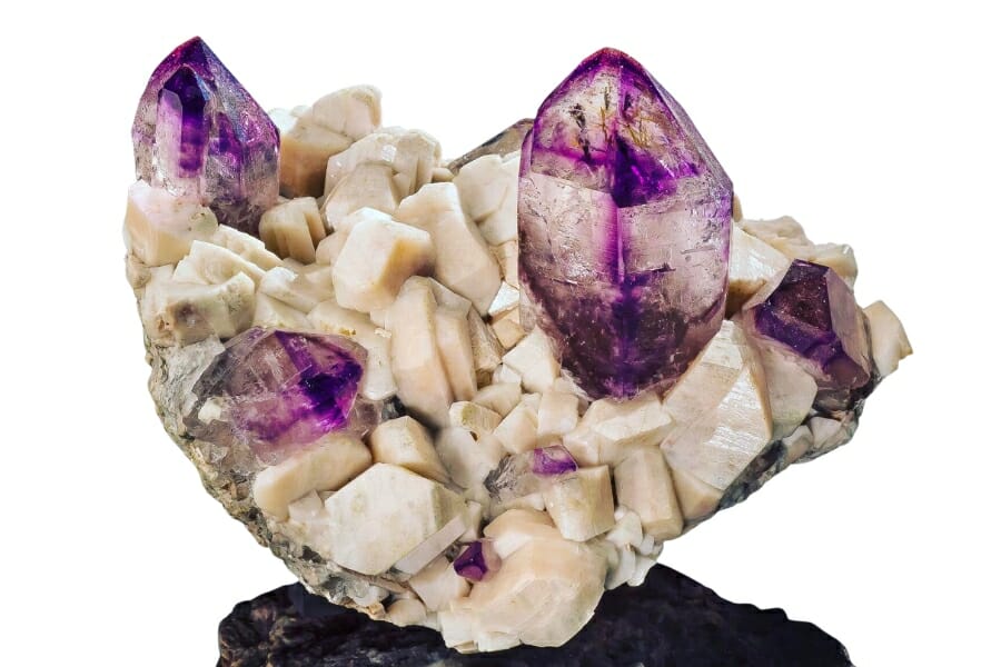 Purple Amethyst crystals with white feldspar
