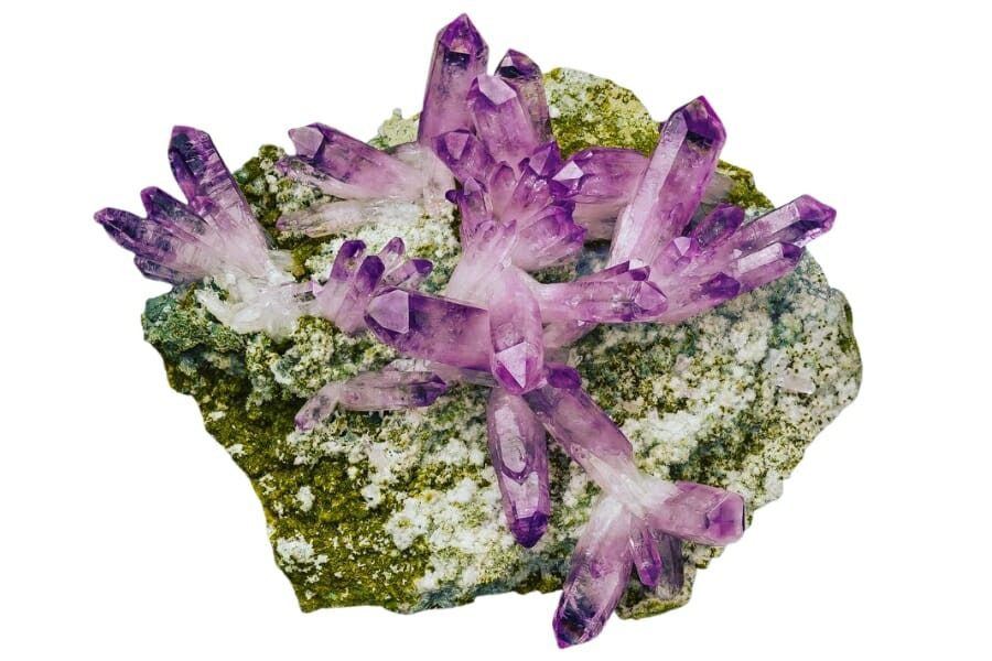 Stunning purple Amethyst crystals protruding from a mossy rock