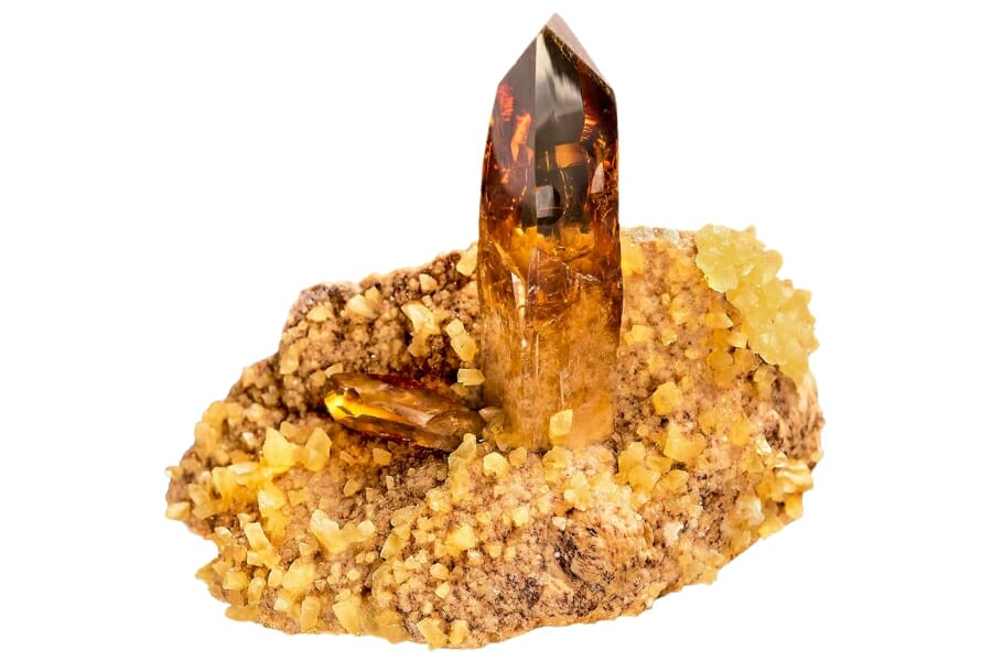 Yellow Barite matrix with a sparkling golden yellow Calcite crystal growth